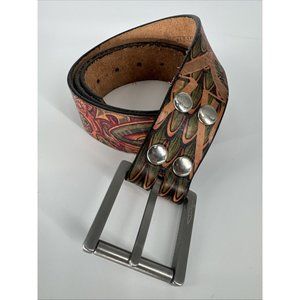 Jon Wye Leather Tattoo Belt Mens Brown Chinese Dragon Tiger Colorful Story 40”